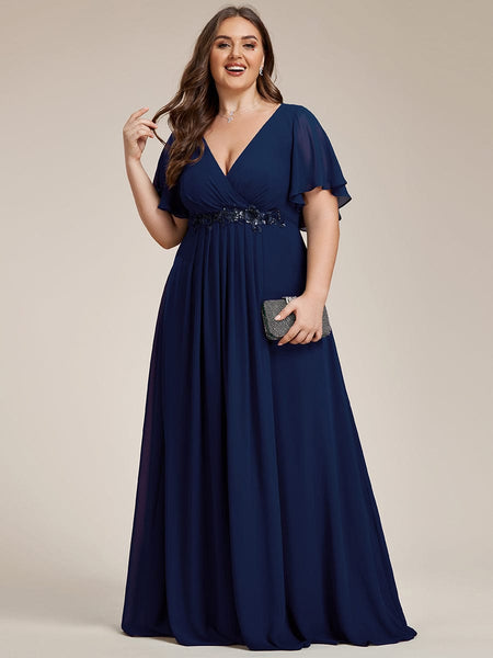 Women's Graceful Plus Size Floral A-Line Chiffon Evening Dress with Short Sleeves