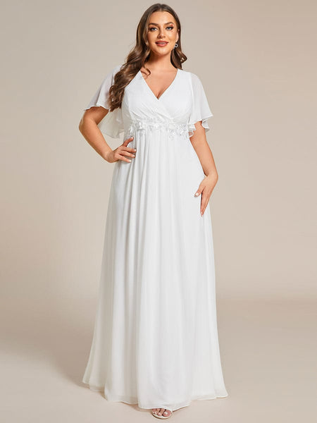 Women's Graceful Plus Size Floral A-Line Chiffon Evening Dress with Short Sleeves