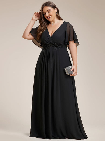 Women's Graceful Plus Size Floral A-Line Chiffon Evening Dress with Short Sleeves