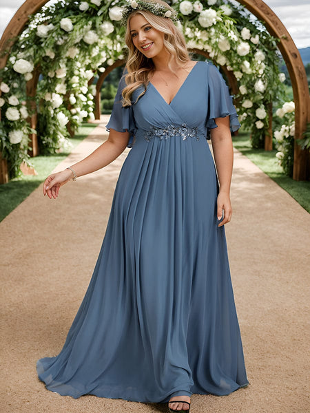 Women's Graceful Plus Size Floral A-Line Chiffon Evening Dress with Short Sleeves