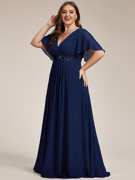 Women's Graceful Plus Size Floral A-Line Chiffon Evening Dress with Short Sleeves