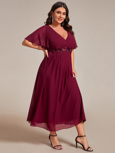 Women's Burgundy Chiffon Plus Size Wedding Guest Dress
