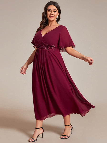 Women's Burgundy Chiffon Plus Size Wedding Guest Dress