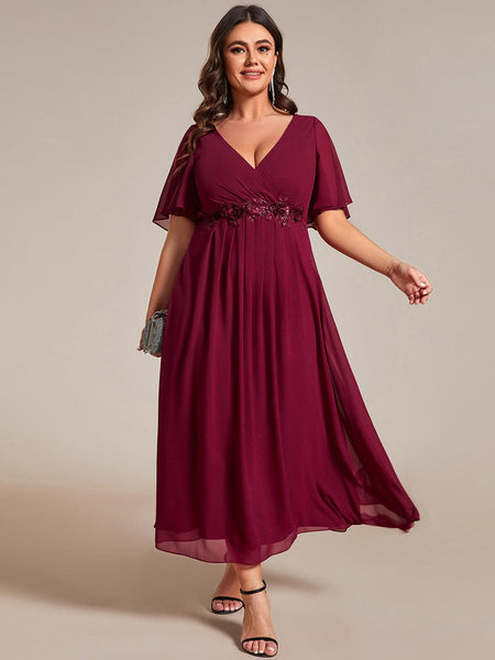 Women's Burgundy Chiffon Plus Size Wedding Guest Dress