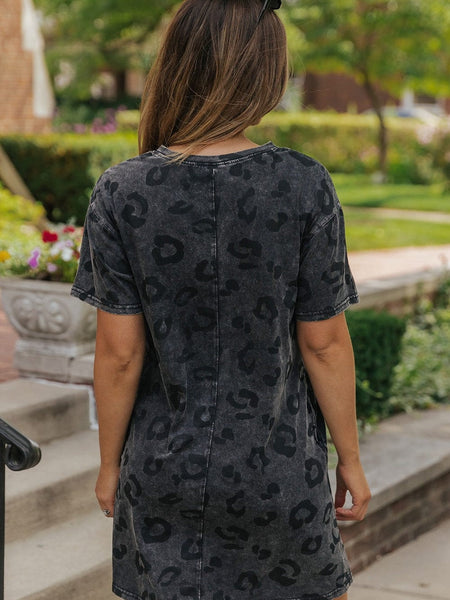 Gray Leopard Print T-Shirt Dress with Handy Pockets
