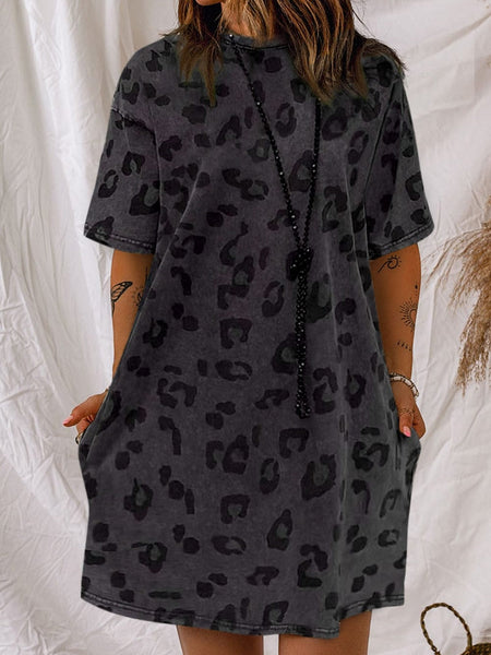 Gray Leopard Print T-Shirt Dress with Handy Pockets