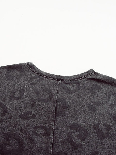 Gray Leopard Print T-Shirt Dress with Handy Pockets