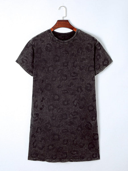 Gray Leopard Print T-Shirt Dress with Handy Pockets
