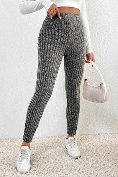 Ribbed Gray Textured Leggings with Wide Waistband