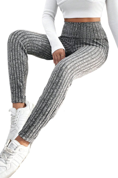 Ribbed Gray Textured Leggings with Wide Waistband