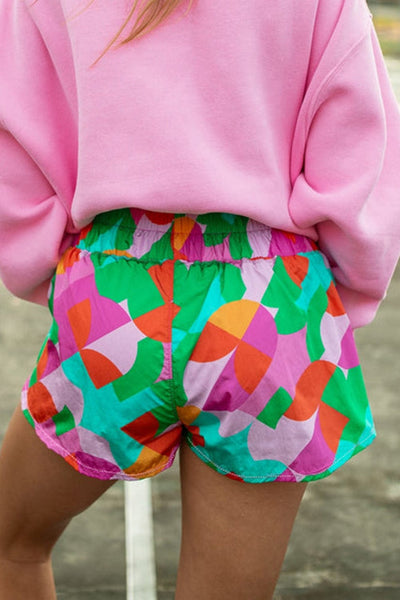 Green Abstract Print Smocked Waist Loose Fit Shorts