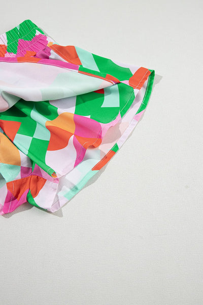 Green Abstract Print Smocked Waist Loose Fit Shorts