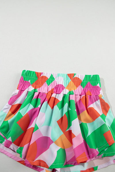 Green Abstract Print Smocked Waist Loose Fit Shorts
