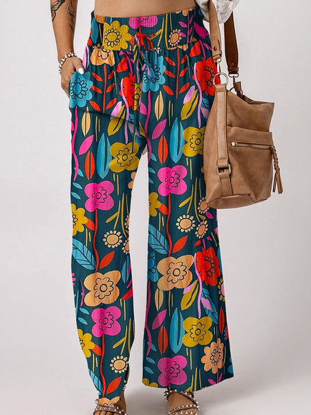 Green Blossom Smocked High Waist Pants