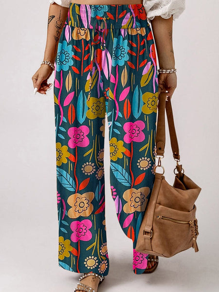 Green Blossom Smocked High Waist Pants