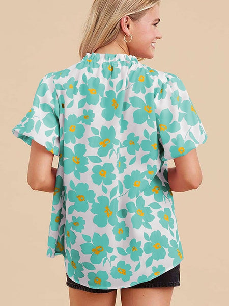 Print Temperament V Neck Short Sleeved Blouse
