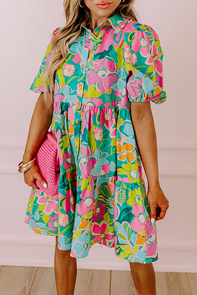 Women's Green Floral Puff Sleeve Buttoned Babydoll Dress with Southern Belle Style