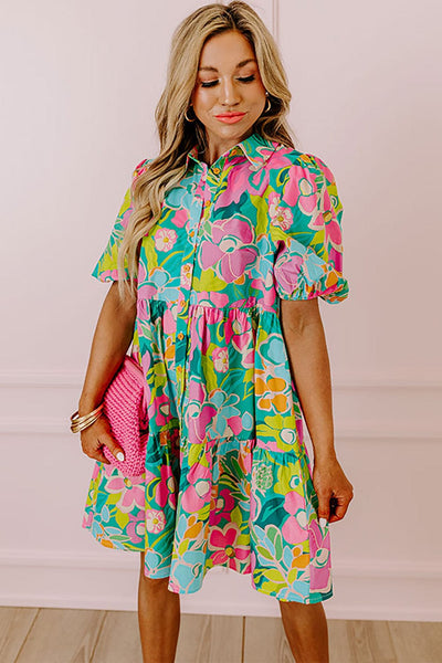 Women's Green Floral Puff Sleeve Buttoned Babydoll Dress with Southern Belle Style