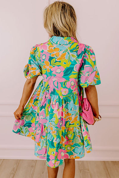 Women's Green Floral Puff Sleeve Buttoned Babydoll Dress with Southern Belle Style