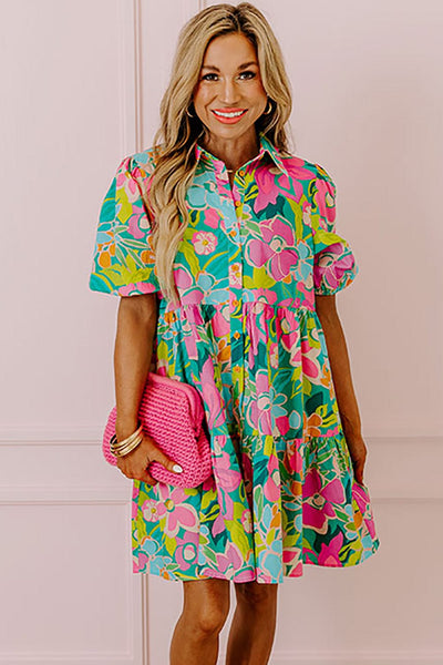 Women's Green Floral Puff Sleeve Buttoned Babydoll Dress with Southern Belle Style