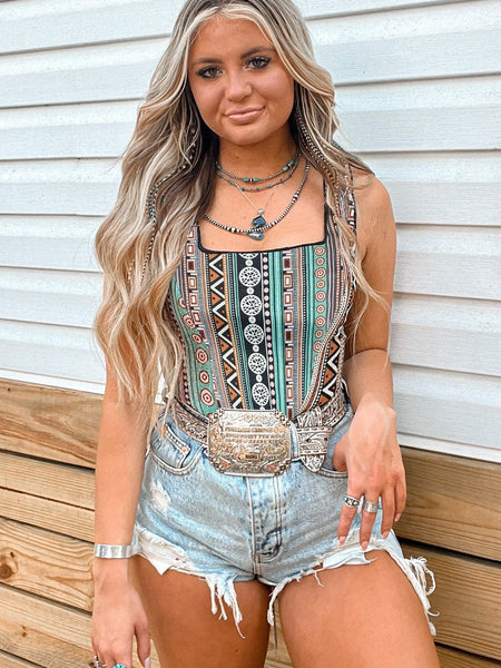 Green Geo Print Square Neck Tank Top for a Stylish Western Look
