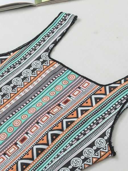 Green Geo Print Square Neck Tank Top for a Stylish Western Look