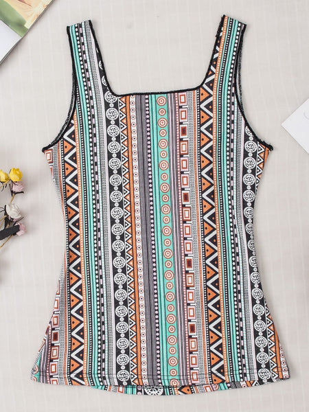 Green Geo Print Square Neck Tank Top for a Stylish Western Look