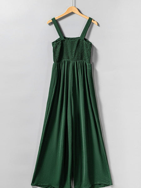 Green Smocked Sleeveless Jumpsuit with Wide Leg and Pockets