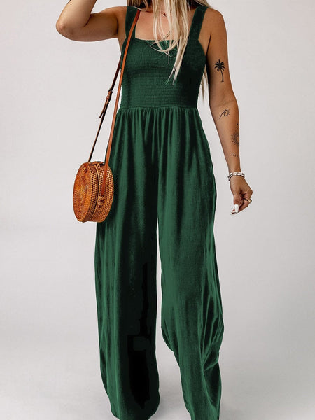 Green Smocked Sleeveless Jumpsuit with Wide Leg and Pockets