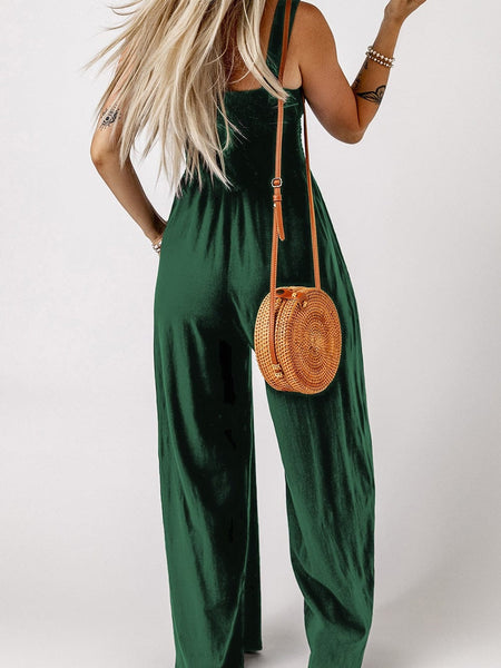 Green Smocked Sleeveless Jumpsuit with Wide Leg and Pockets
