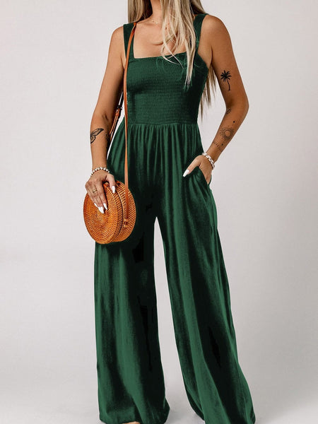 Green Smocked Sleeveless Jumpsuit with Wide Leg and Pockets