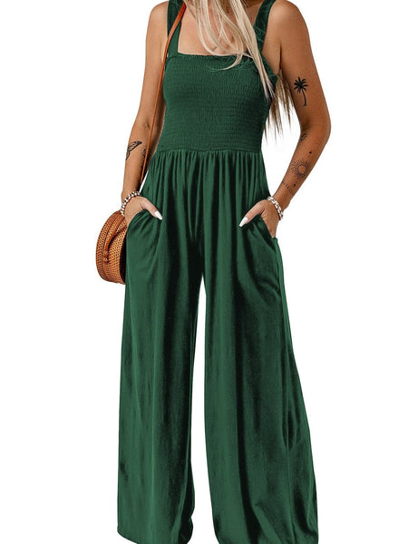 Green Smocked Sleeveless Jumpsuit with Wide Leg and Pockets