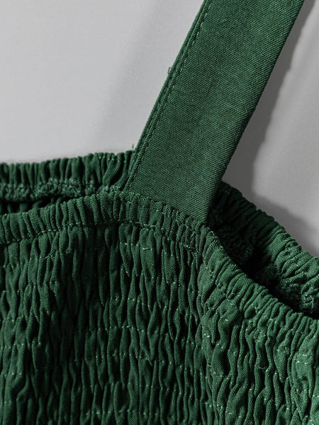 Green Smocked Sleeveless Jumpsuit with Wide Leg and Pockets