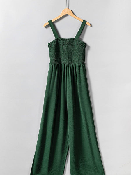 Green Smocked Sleeveless Jumpsuit with Wide Leg and Pockets