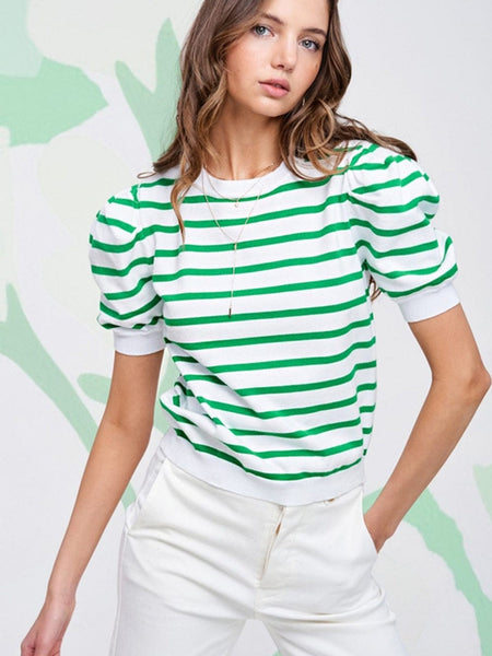 Green Striped Puff Sleeve Southern Belle Tee