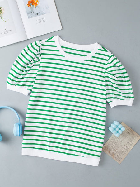 Green Striped Puff Sleeve Southern Belle Tee