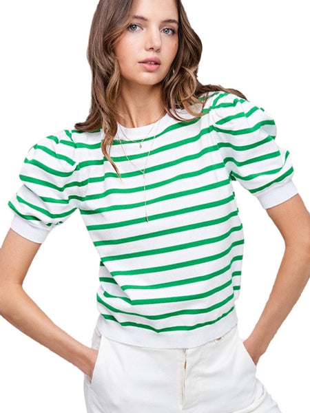 Green Striped Puff Sleeve Southern Belle Tee
