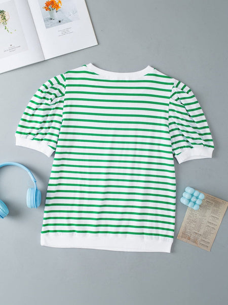 Green Striped Puff Sleeve Southern Belle Tee