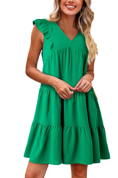 V Neck Sexy Solid Color Casual Fly Sleeve Midi Dress