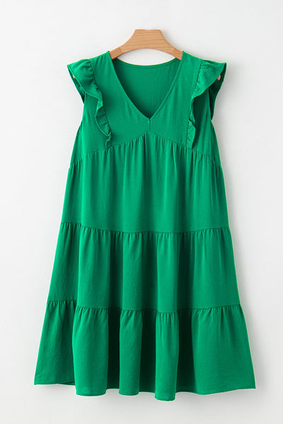 V Neck Sexy Solid Color Casual Fly Sleeve Midi Dress