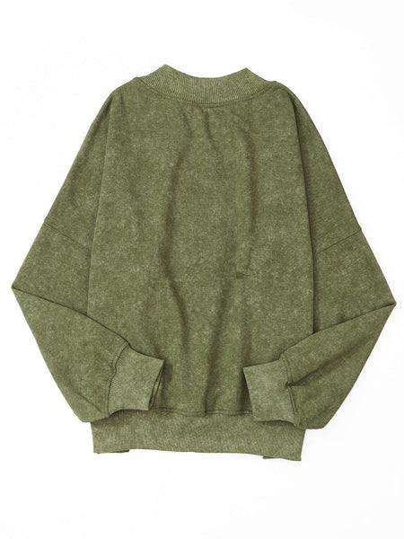 Green Vintage Drop Shoulder Round Neck Pullover Sweatshirt