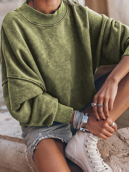 Green Vintage Drop Shoulder Round Neck Pullover Sweatshirt