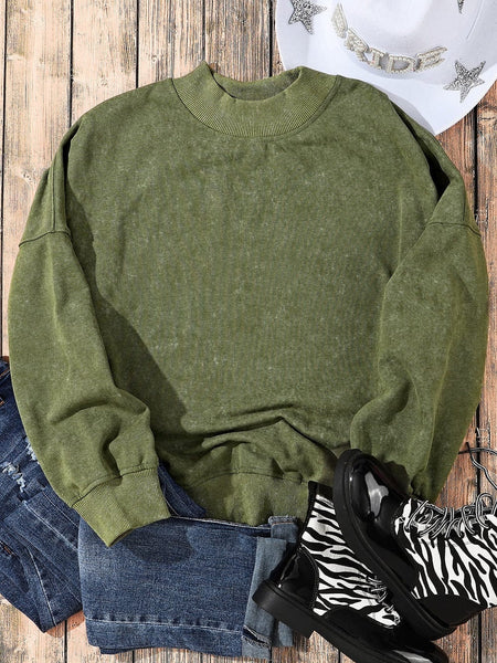 Green Vintage Drop Shoulder Round Neck Pullover Sweatshirt