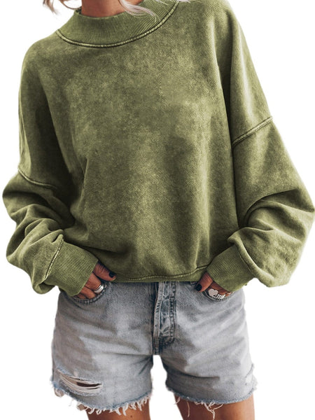 Green Vintage Drop Shoulder Round Neck Pullover Sweatshirt