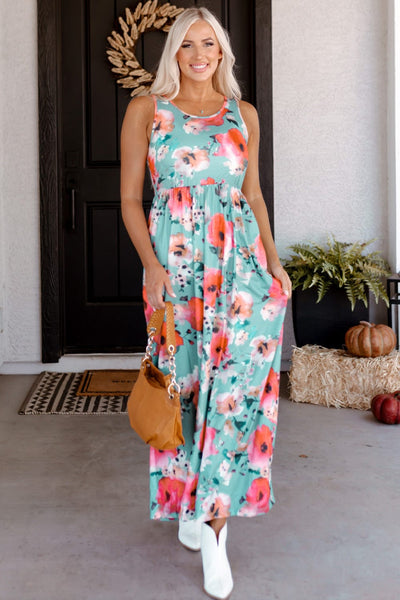 High Neck Floral Print Tie Long Sleeve Dress