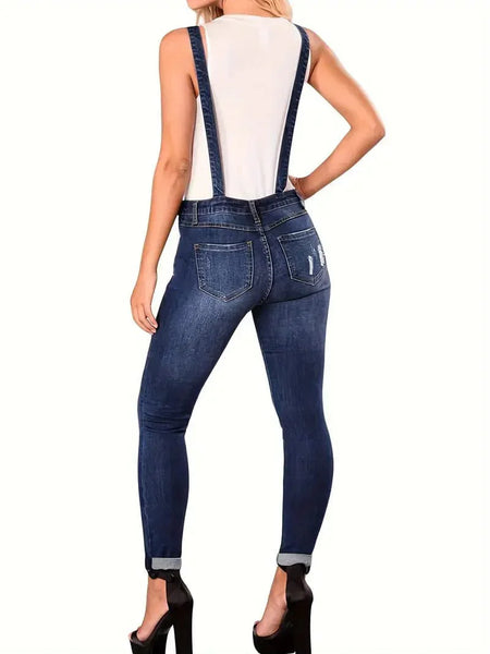 High Stretch Denim Washed Overalls with Ripped Roll Up Hem and Adjustable Strap Women's Jumpsuit