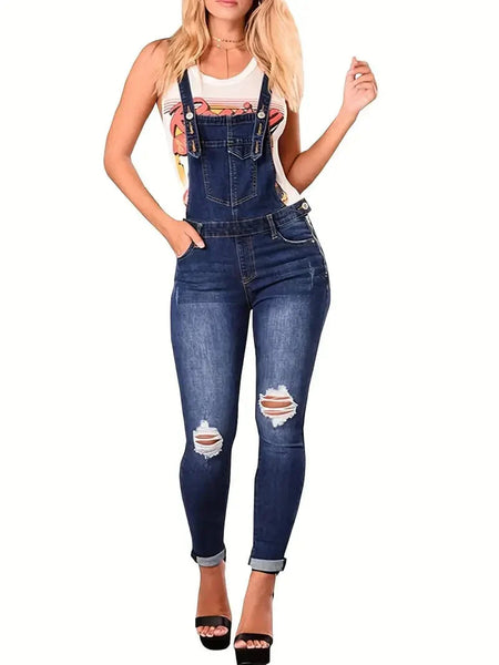High Stretch Denim Washed Overalls with Ripped Roll Up Hem and Adjustable Strap Women's Jumpsuit