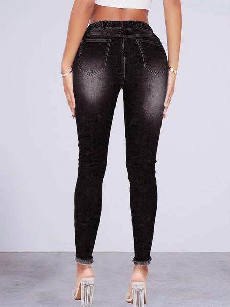 High Waist Raw Hem Ripped Skinny Casual Denim Jeans