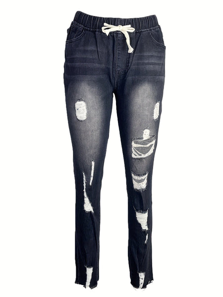 High Waist Raw Hem Ripped Skinny Casual Denim Jeans