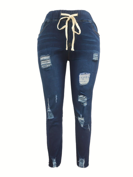High Waist Raw Hem Ripped Skinny Casual Denim Jeans